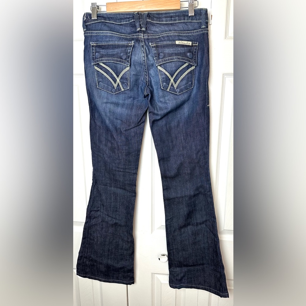 WILLIAM RAST Betty Flare Leg Denim Jeans Dark Wash Flap Snap Pockets Low Rise